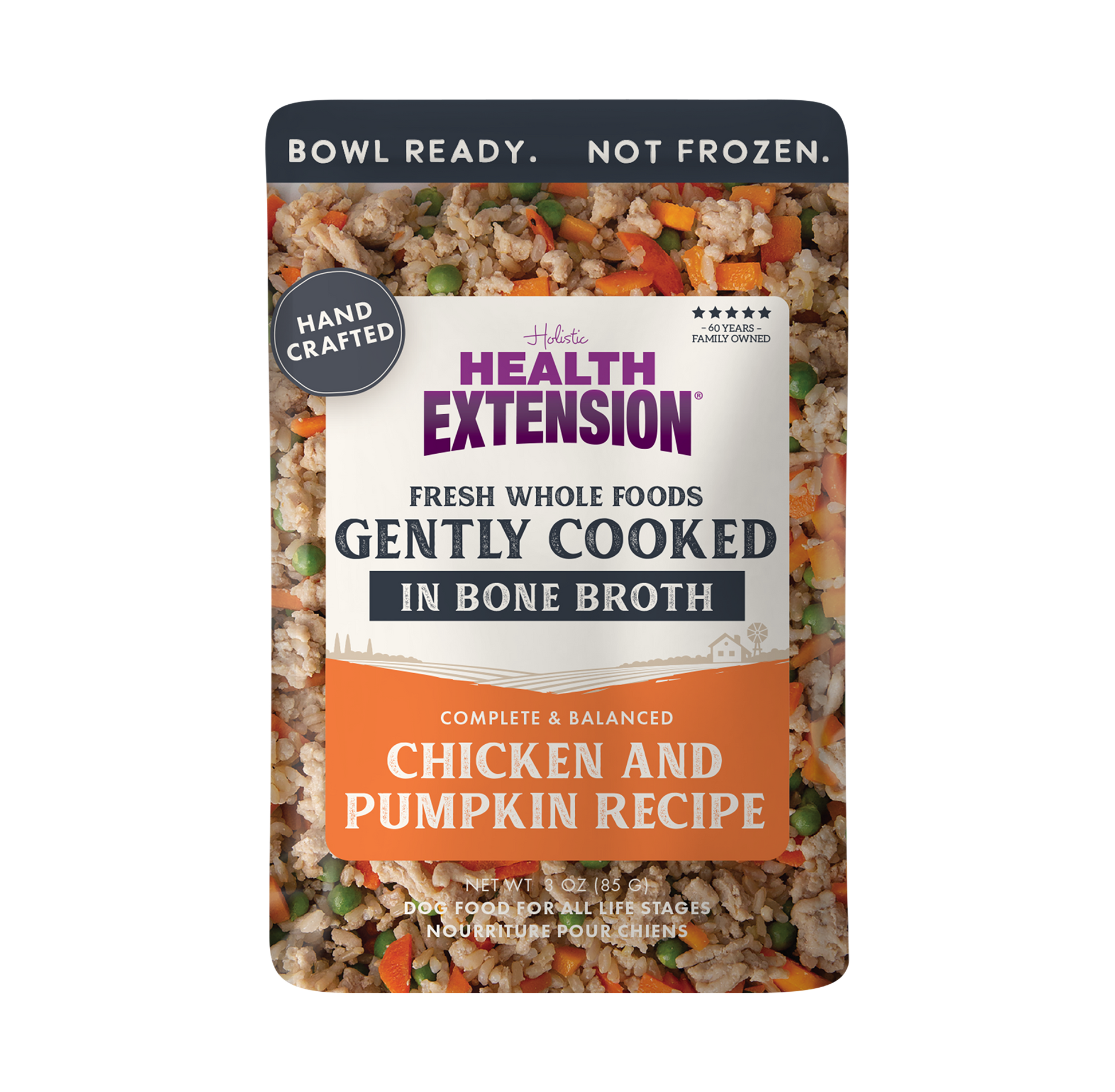 Health Extension dog food package with chicken and pumpkin recipe on a white background