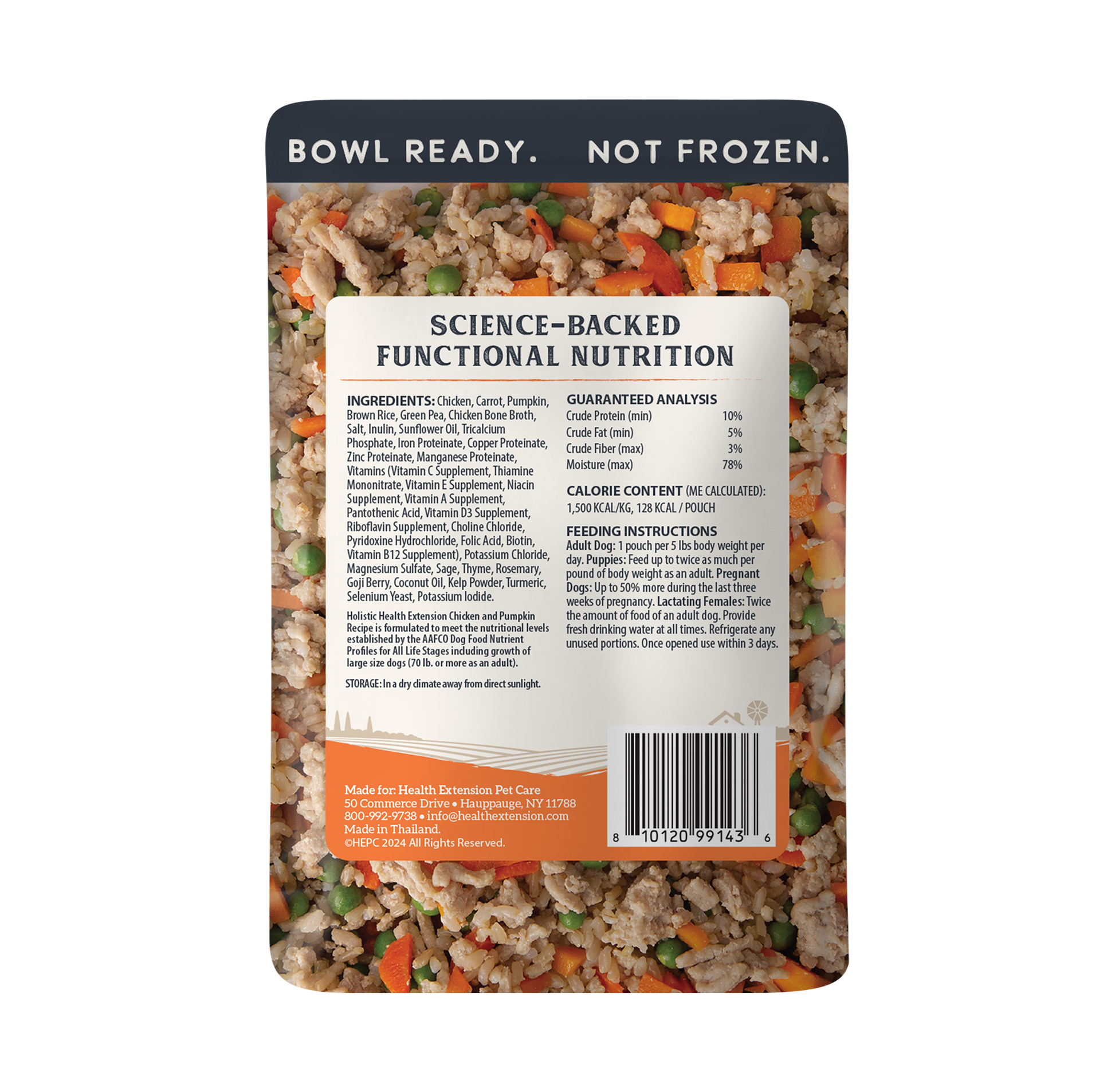 Pet food package with ingredients and nutrition information on a white background