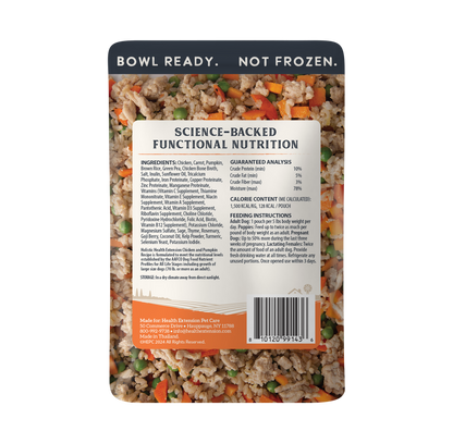 Pet food package with ingredients and nutrition information on a white background