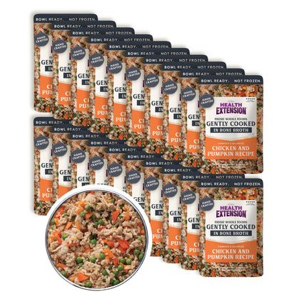 Multiple packages of Health Extension pet food with a close-up of the food inside a bowl.