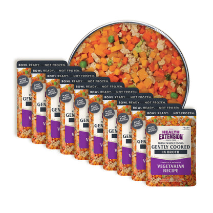 Multiple packages of Health Extension vegetarian recipe food on a white background