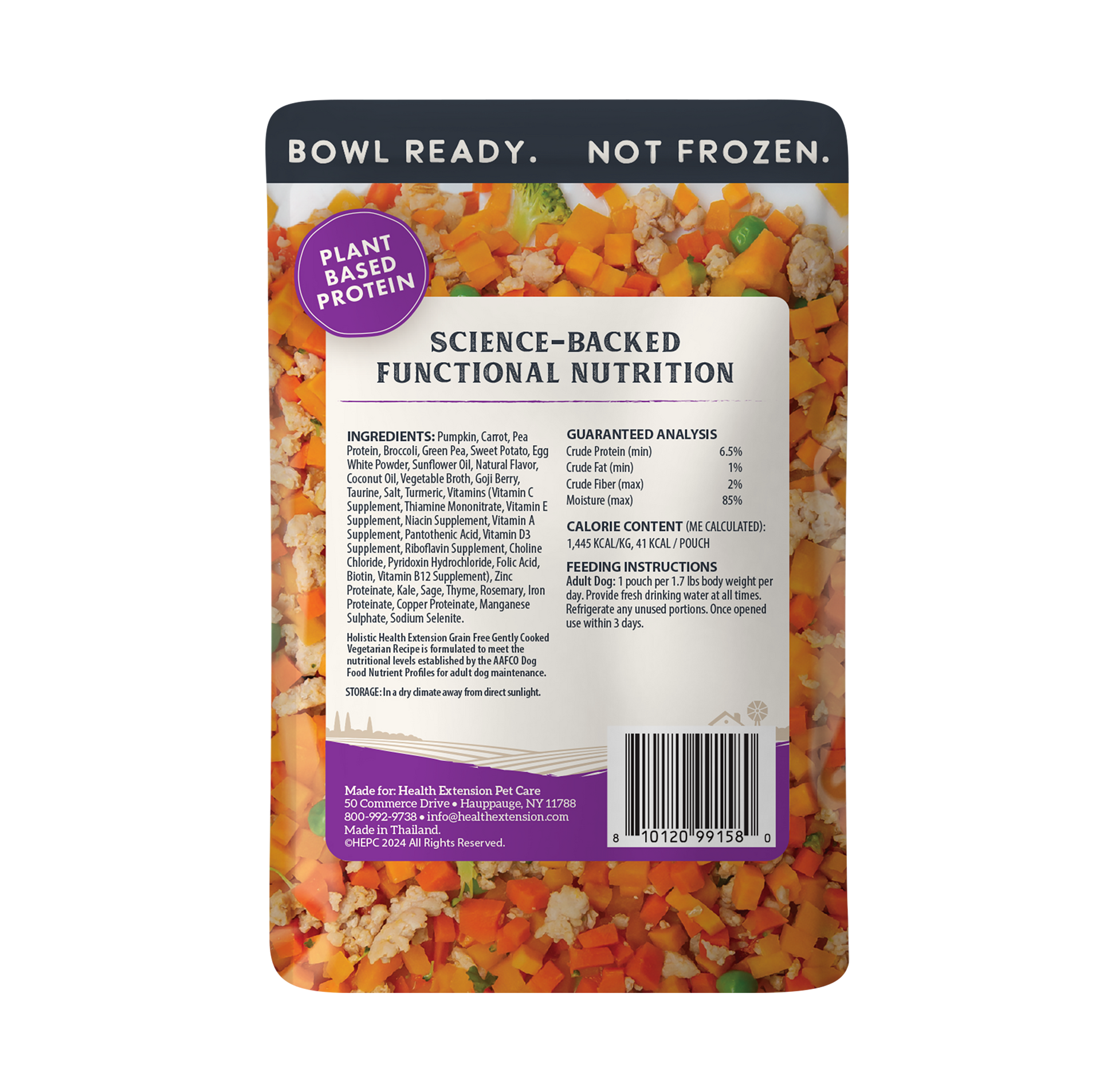 Package of plant-based protein with visible ingredients and nutrition information on a white background