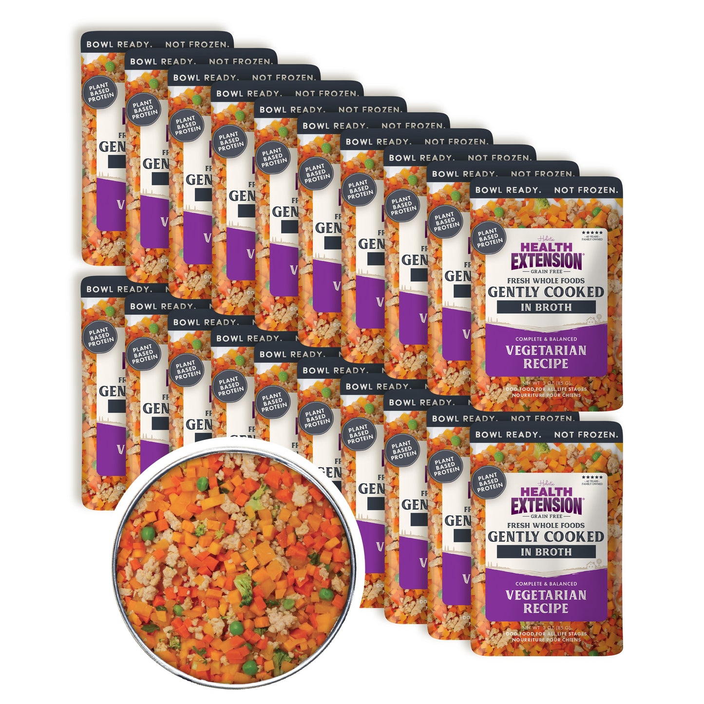 Multiple packages of Health Extension pet food with a close-up of the food inside a bowl.