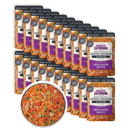 Multiple packages of Health Extension pet food with a close-up of the food inside a bowl.