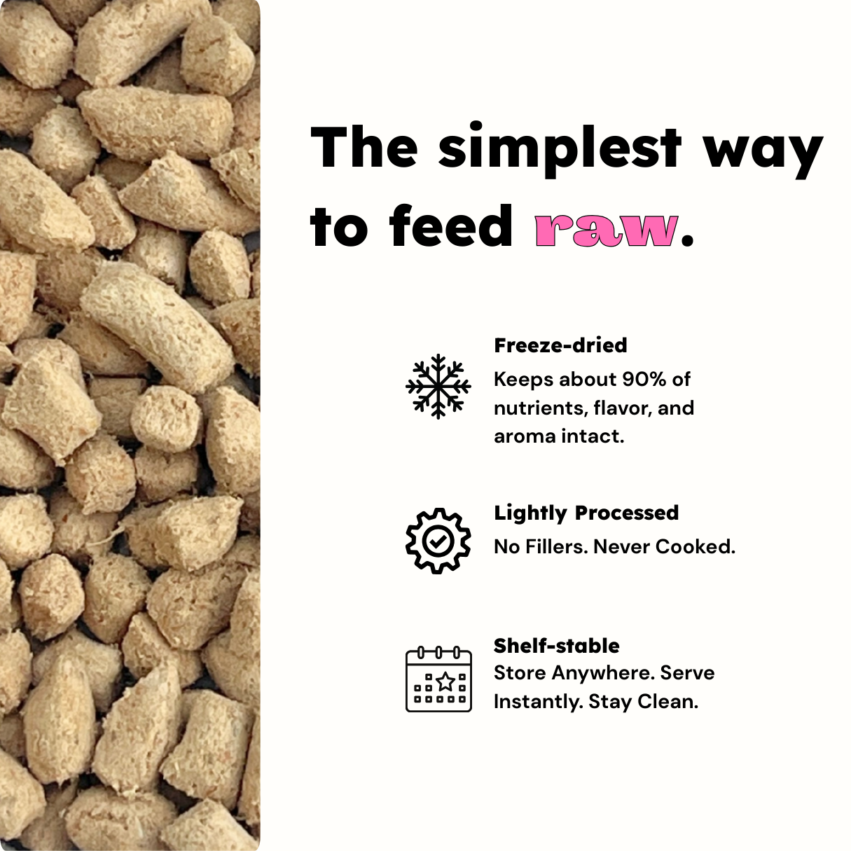 Text about freeze-dried pet food with a close-up of the product on the left.