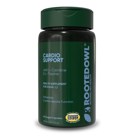 Green supplement bottle labeled 'Cardio Support' for dogs by Rooted Owl on a white background