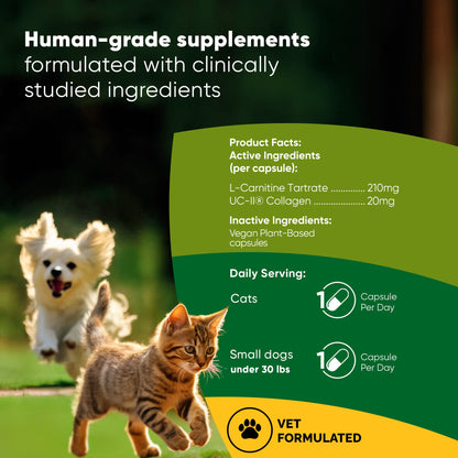 Supplement packaging with a cat and dog running, featuring product facts and daily serving information.