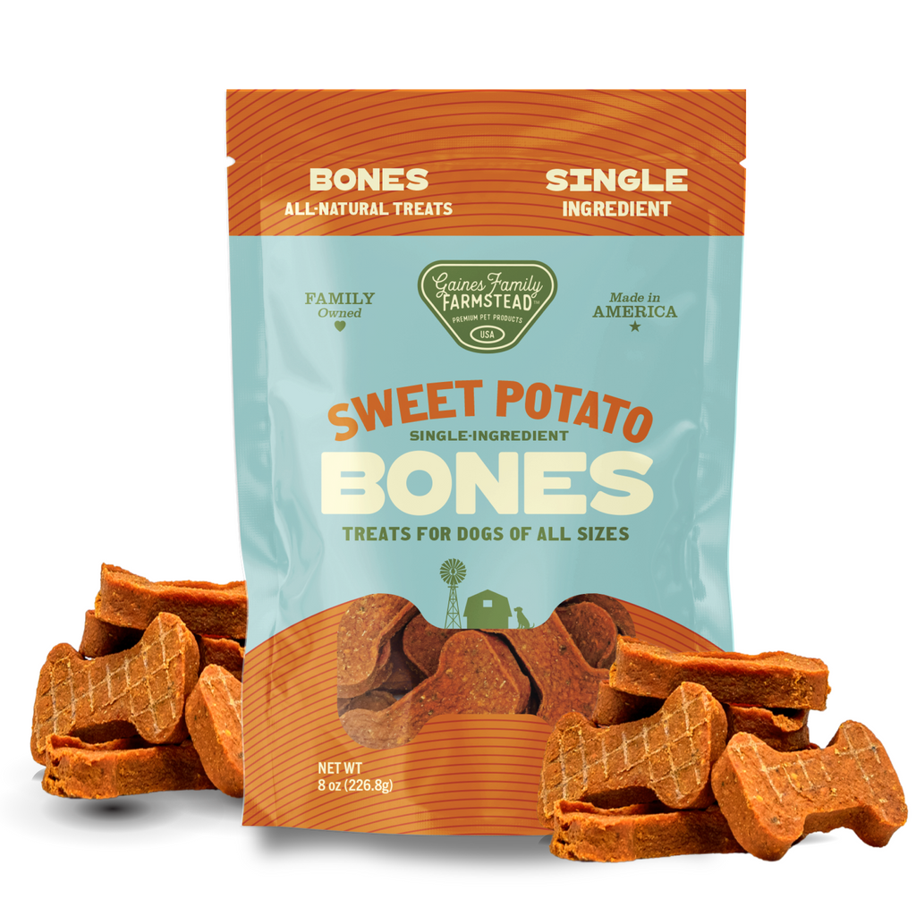 Package of Sweet Potato Bones dog treats with treats displayed in front