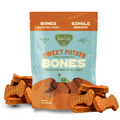 Package of Sweet Potato Bones dog treats with treats displayed in front