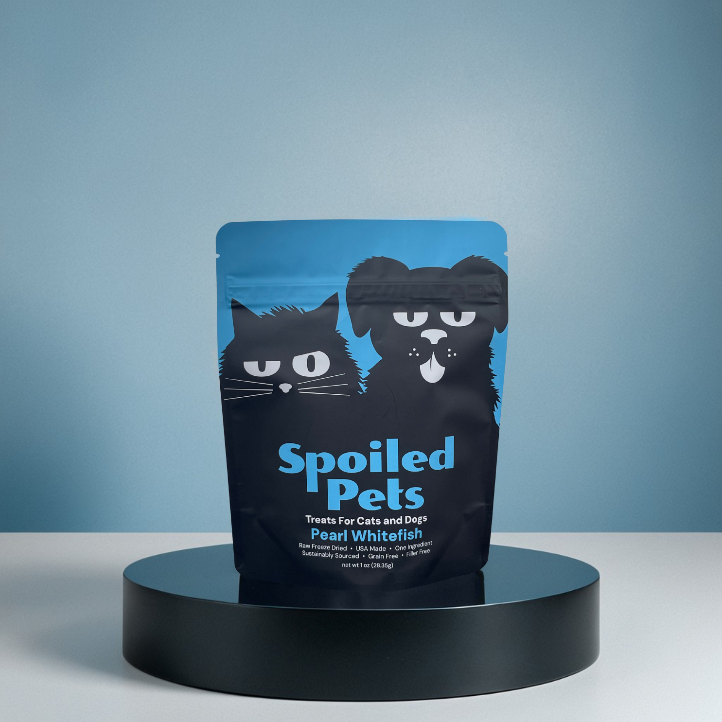 Spoiled Pets treat package for cats and dogs on a blue background