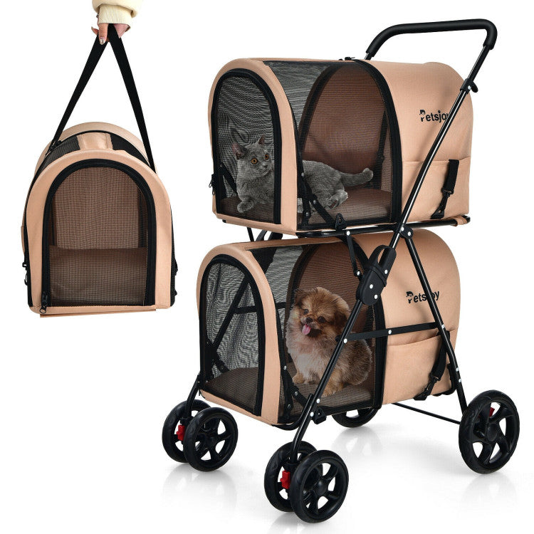 Pet stroller with a beige exterior and black wheels, featuring mesh sides for visibility.