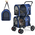 Blue pet stroller with wheels and a carrying handle, featuring two pets inside.