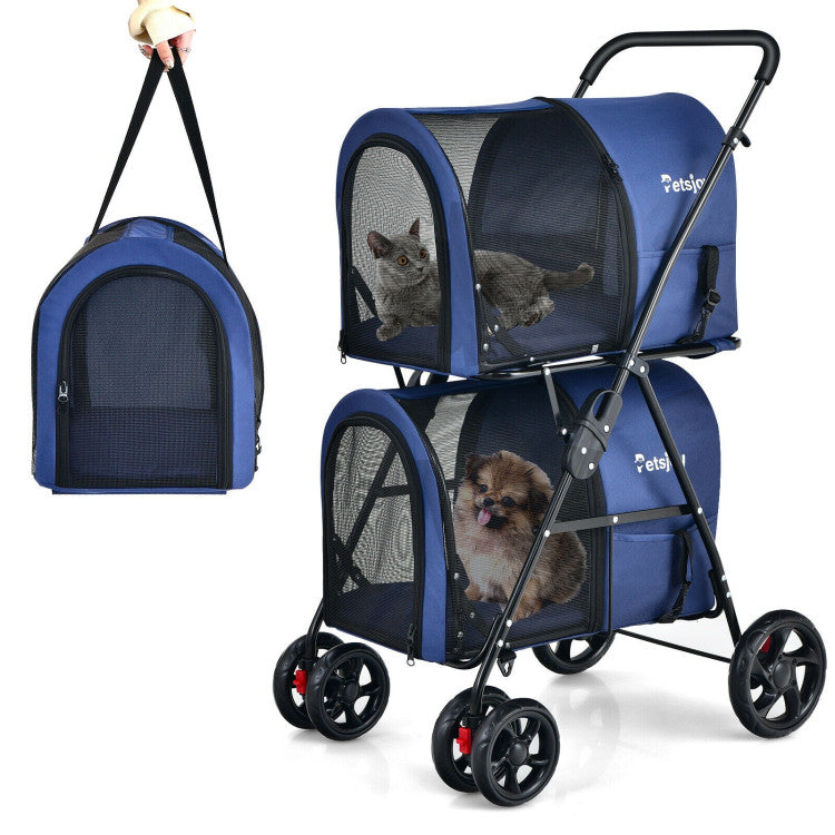 Blue pet stroller with wheels and a carrying handle, featuring two pets inside.