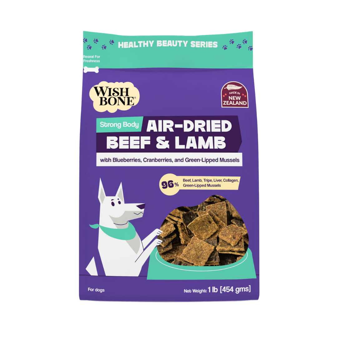 Wishbone air-dried beef and lamb dog treat package on a white background