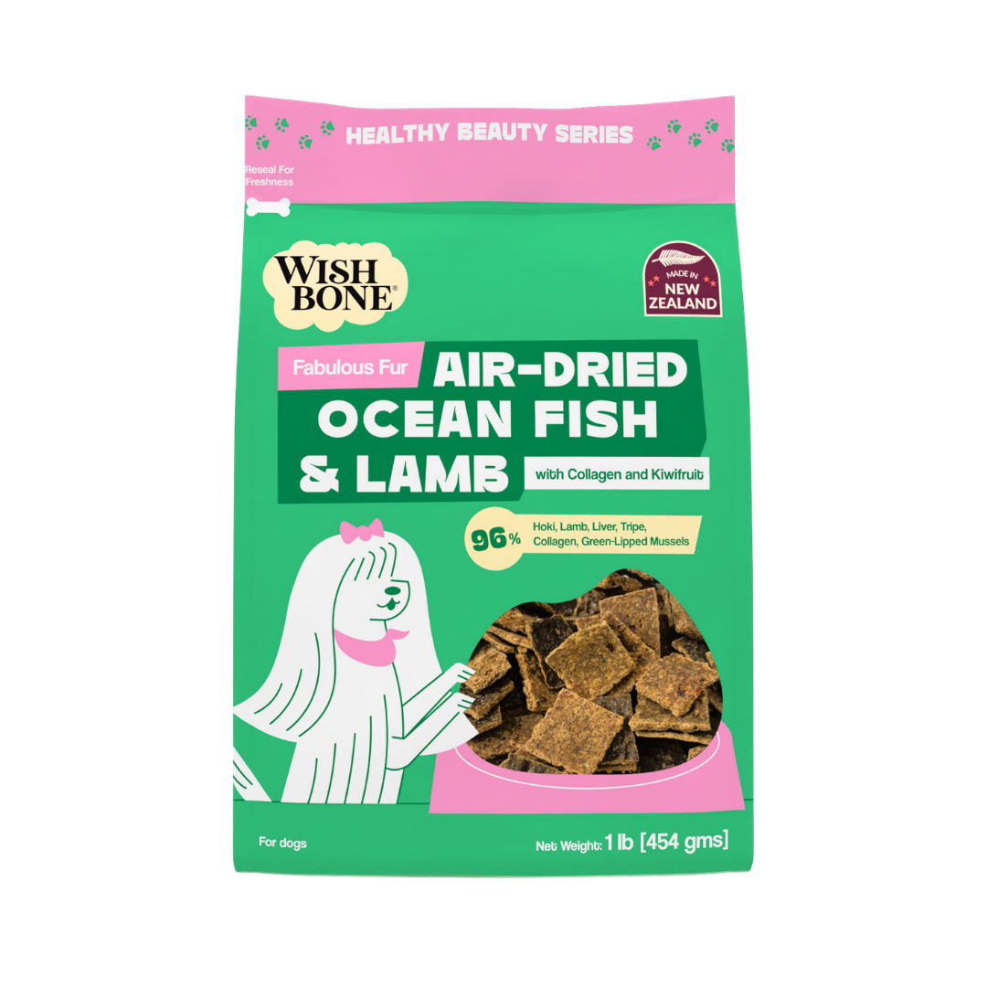 Wish Bone air-dried ocean fish and lamb dog treat package on a white background