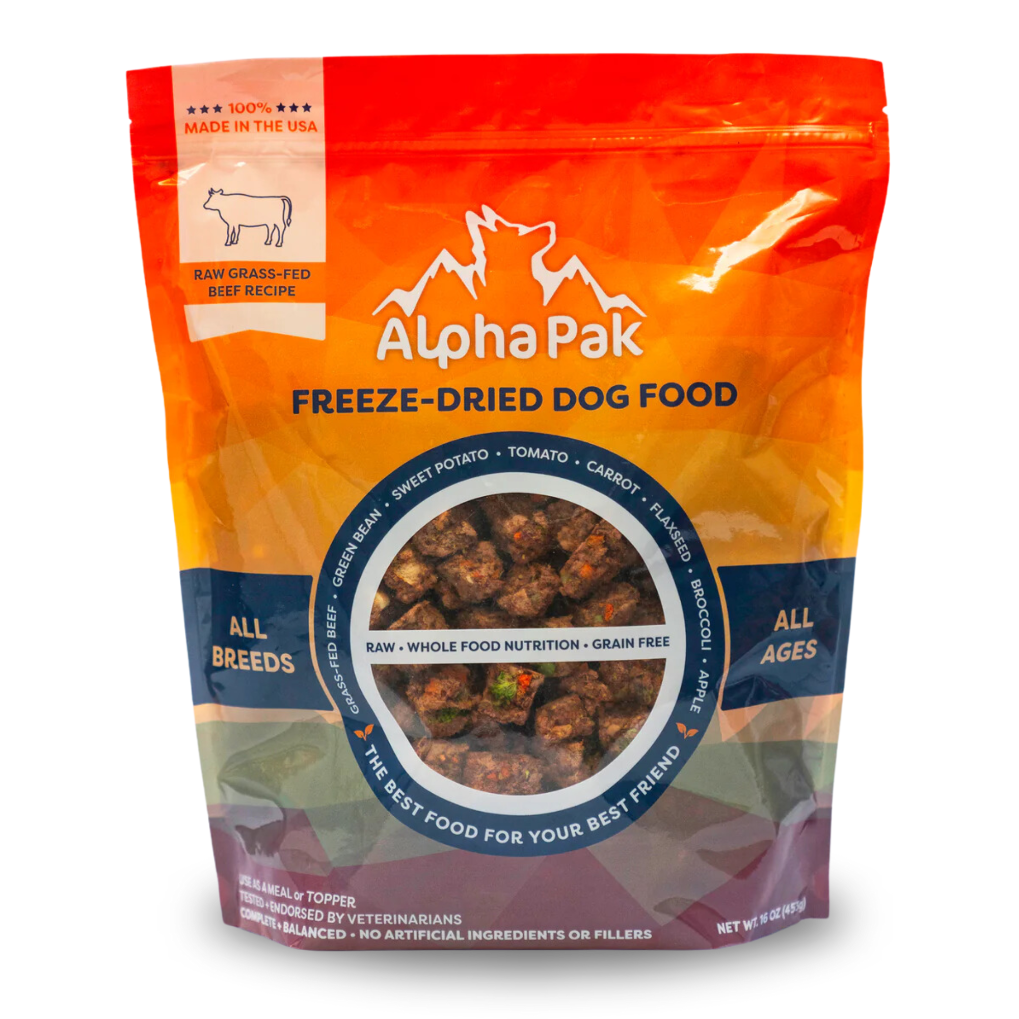 Alpha Pak freeze-dried dog food package on a white background