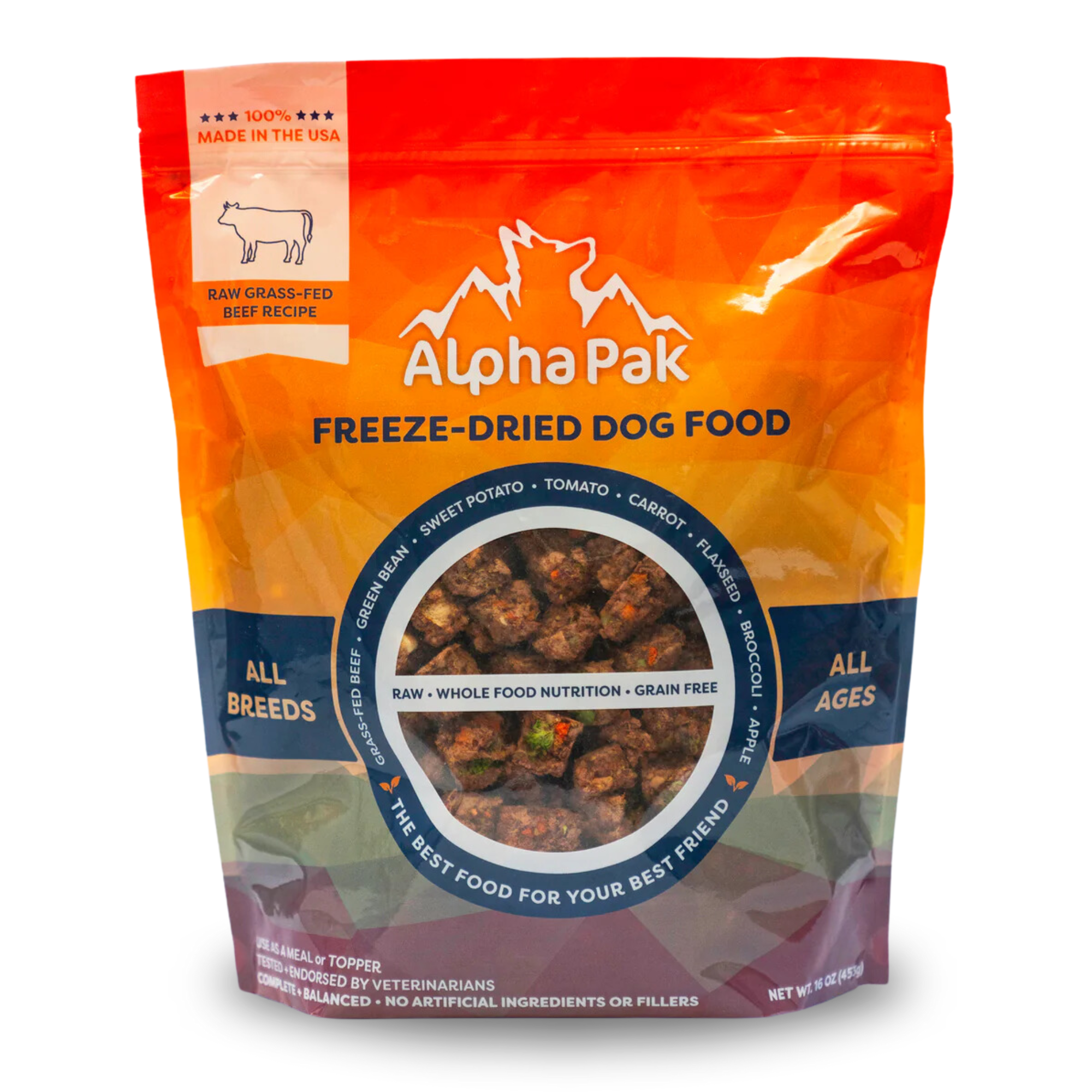 Alpha Pak freeze-dried dog food package on a white background