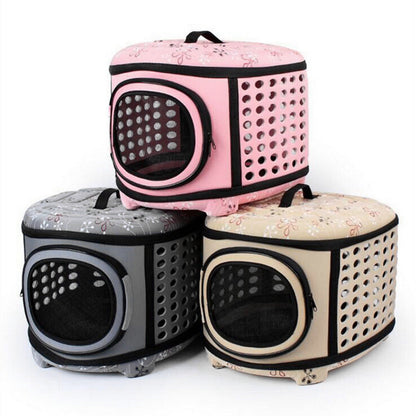 Three pet carriers in different colors on a white background