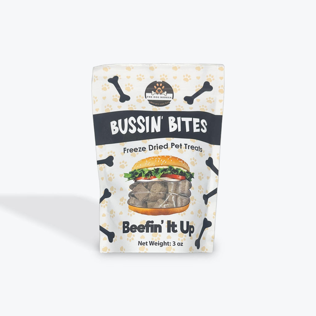 Packaging of Bussin' Bites freeze dried pet treats on a white background