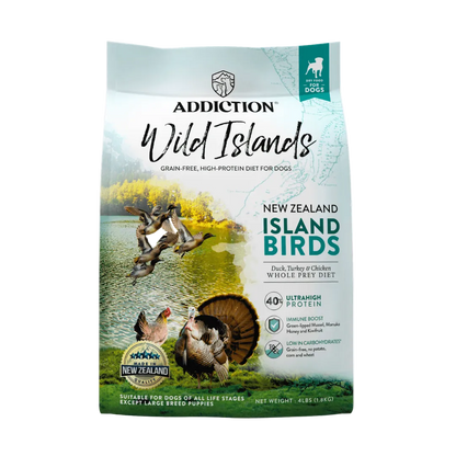 Addiction Wild Islands New Zealand Island Birds dog food package on a white background