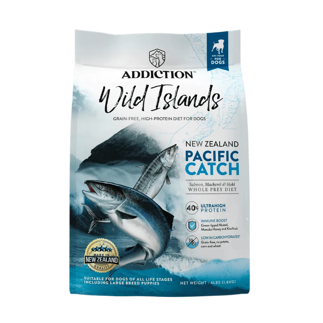 Package of Addiction Wild Islands New Zealand Pacific Catch dog food on a white background