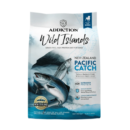 Package of Addiction Wild Islands New Zealand Pacific Catch dog food on a white background