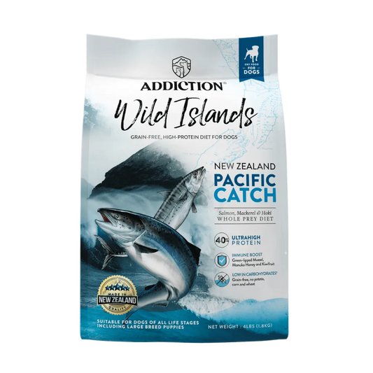 Package of Addiction Wild Islands New Zealand Pacific Catch dog food on a white background