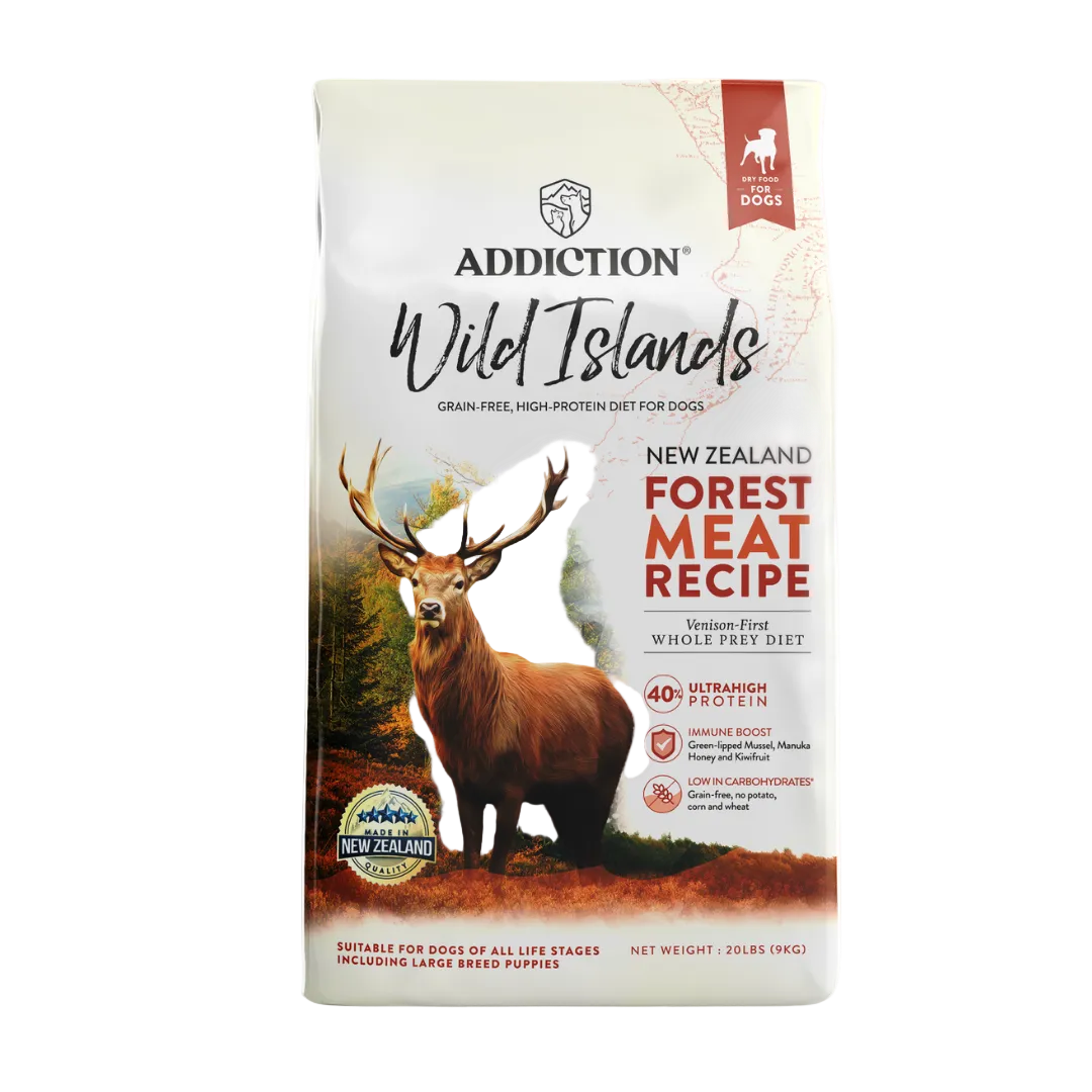 Addiction Wild Islands New Zealand Forest Meat Recipe dog food packaging with a deer illustration on a white background.