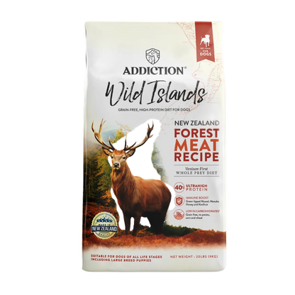Addiction Wild Islands New Zealand Forest Meat Recipe dog food packaging with a deer illustration on a white background.