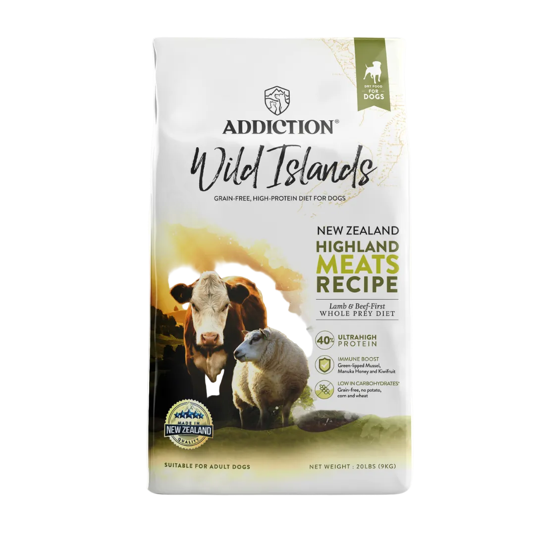 Dog food package with a cow and lamb on the label, featuring the brand 'Addiction'.