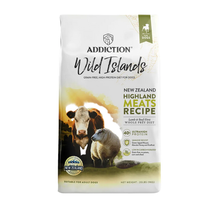 Dog food package with a cow and lamb on the label, featuring the brand 'Addiction'.