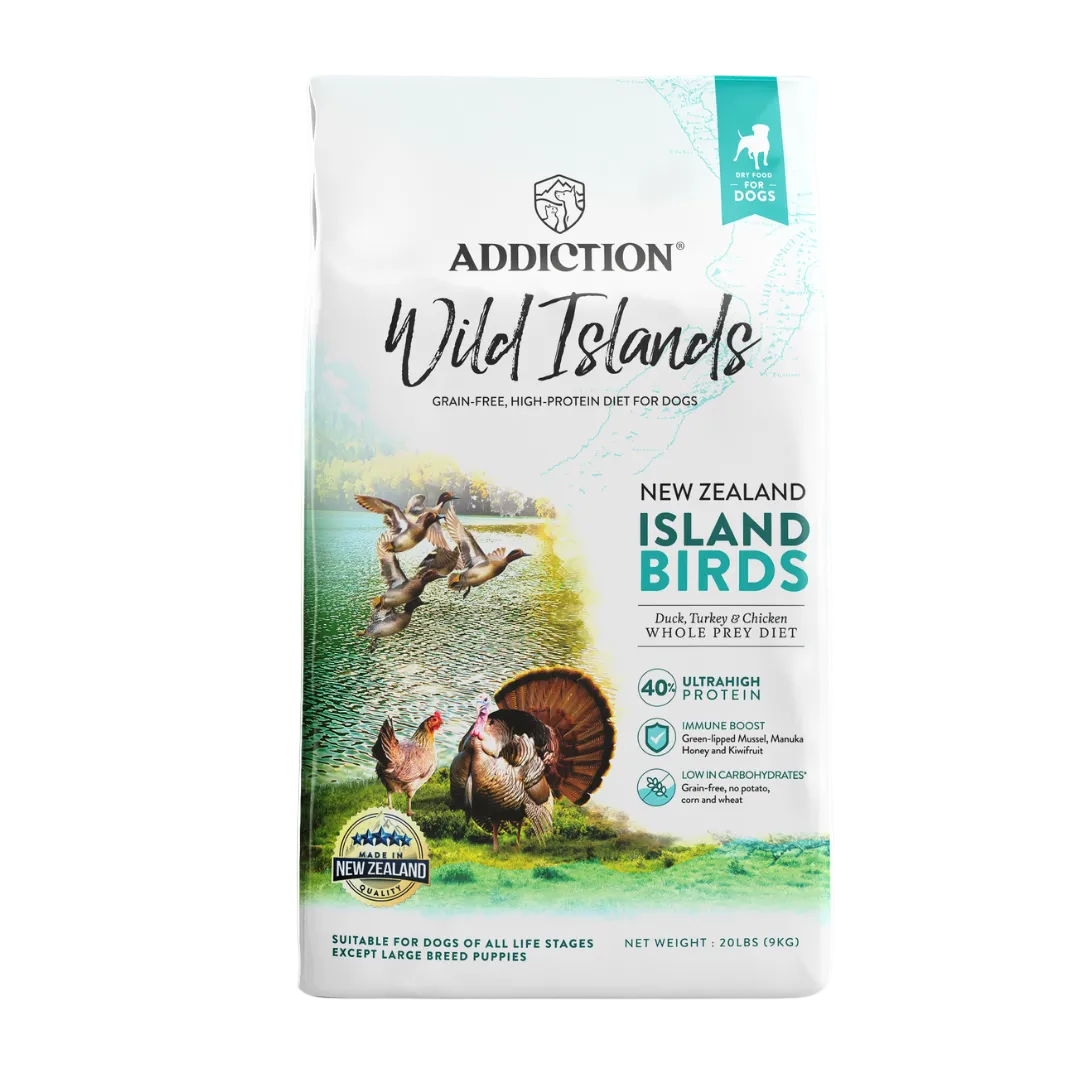 Addiction Wild Islands New Zealand Island Birds dog food package on a white background
