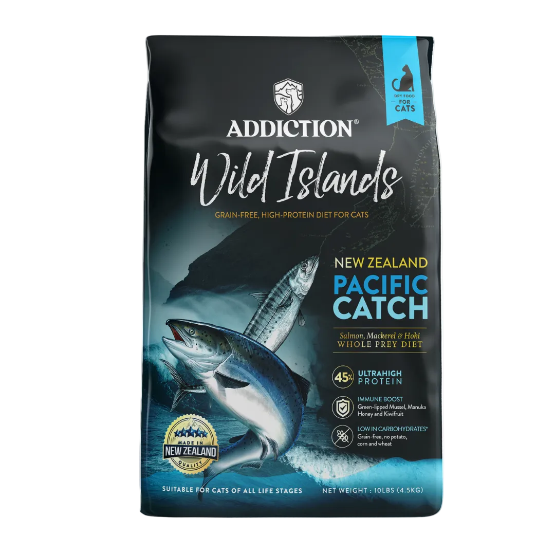 Addiction Wild Islands Pacific Catch cat food package on a white background