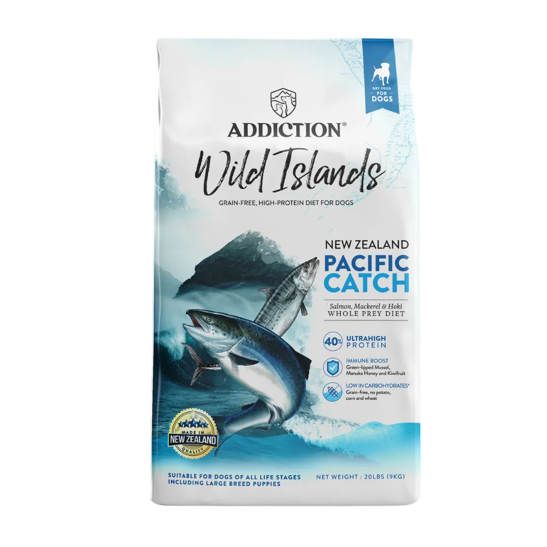 Addiction Wild Islands Pacific Catch dog food package on a white background