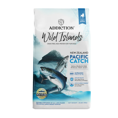 Addiction Wild Islands Pacific Catch dog food package on a white background