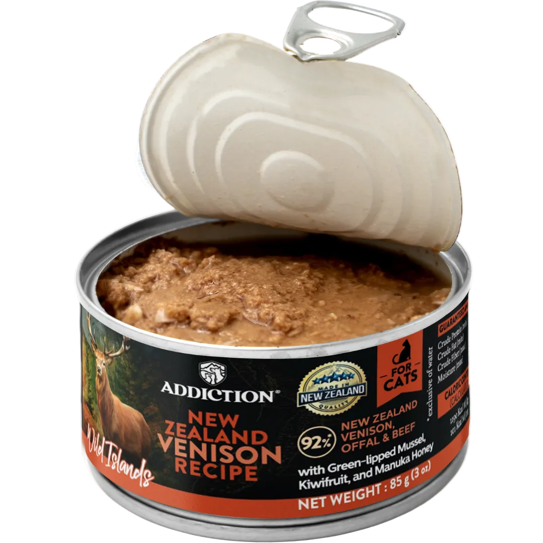 Open can of Addiction New Zealand Venison recipe cat food on a white background