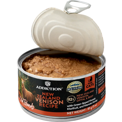 Open can of Addiction New Zealand Venison recipe cat food on a white background