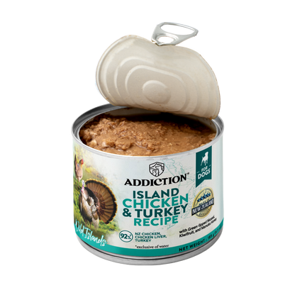Open can of Addiction Island Chicken & Turkey Recipe pet food on a white background