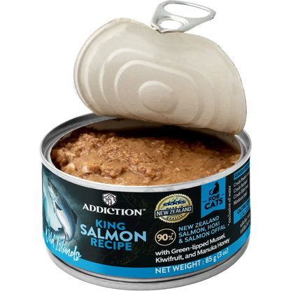 Open can of Addiction King Salmon Recipe cat food on a white background