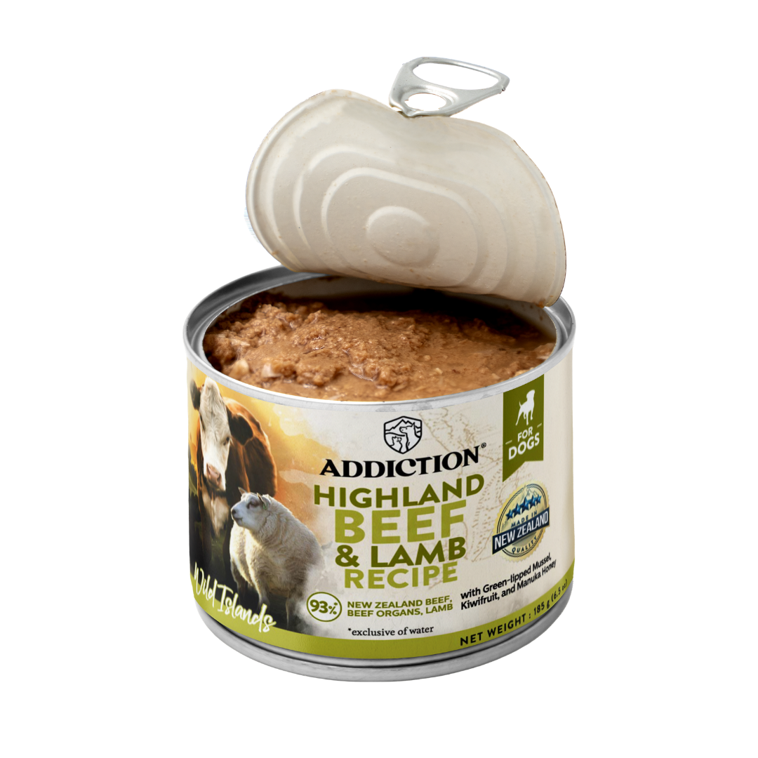 Open can of Addiction Highland Beef & Lamb Recipe pet food on a white background