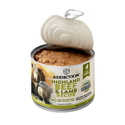 Open can of Addiction Highland Beef & Lamb Recipe pet food on a white background
