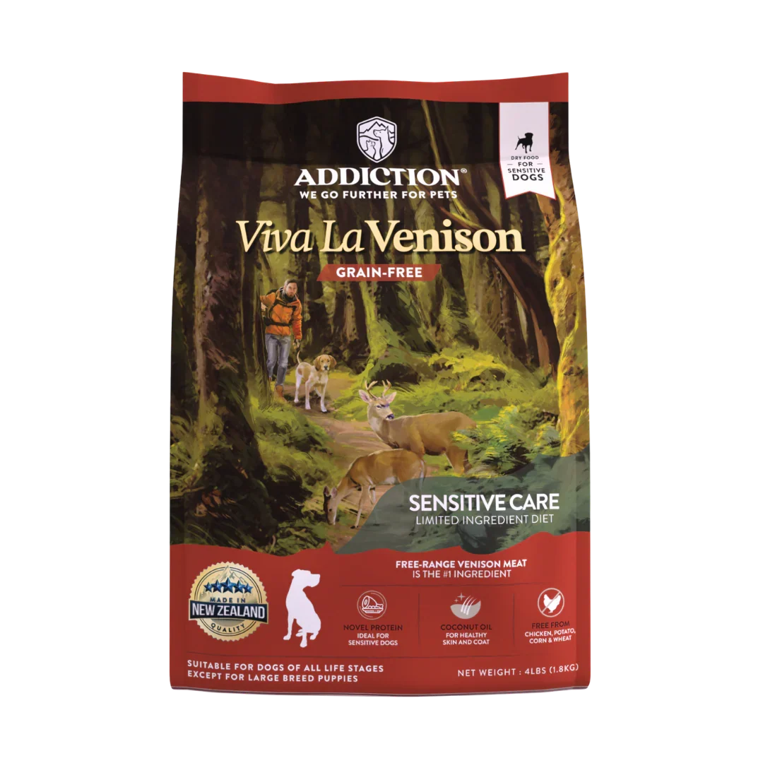 Dog food package with 'Addiction' branding and a forest scene on the label.