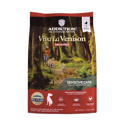 Dog food package with 'Addiction' branding and a forest scene on the label.
