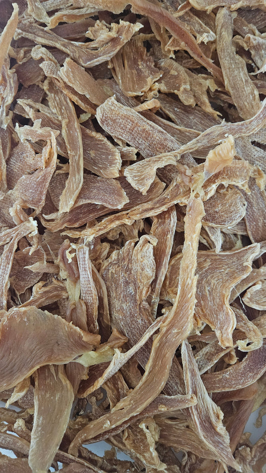 Dehydrated chicken breast jerky, sliced single ingredient muscle meat, no bone