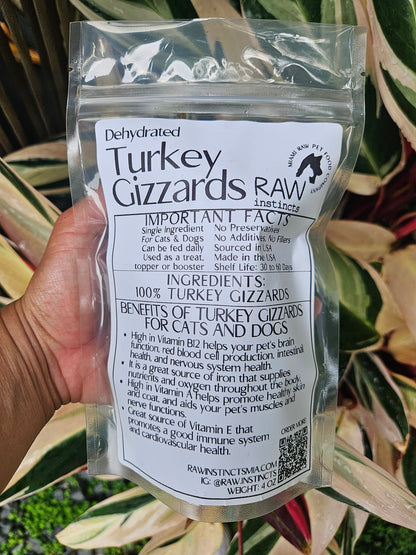 Dehydrated turkey gizzards, single ingredient chewy treat in a 3 oz bag
