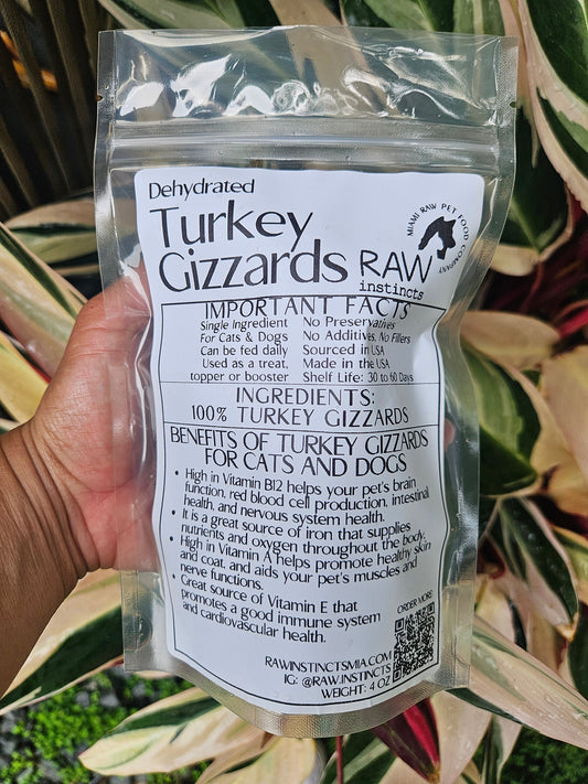 Dehydrated turkey gizzards, single ingredient chewy treat in a 3 oz bag