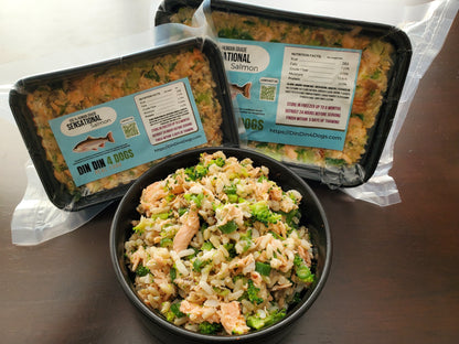 Several 8oz Din Din meal portions laid out to show the case contents