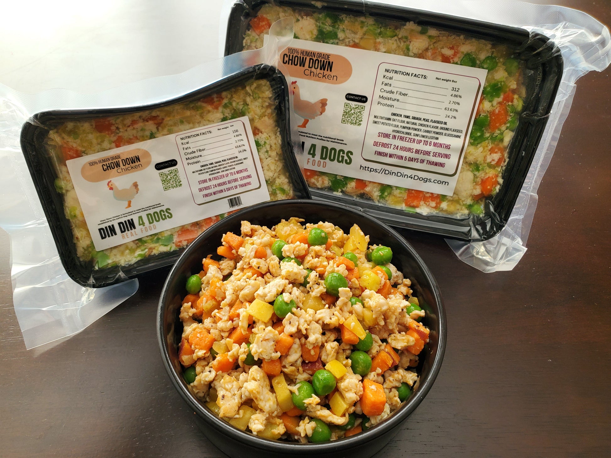 Close view of the texture of a thawed Din Din chicken and salmon meal