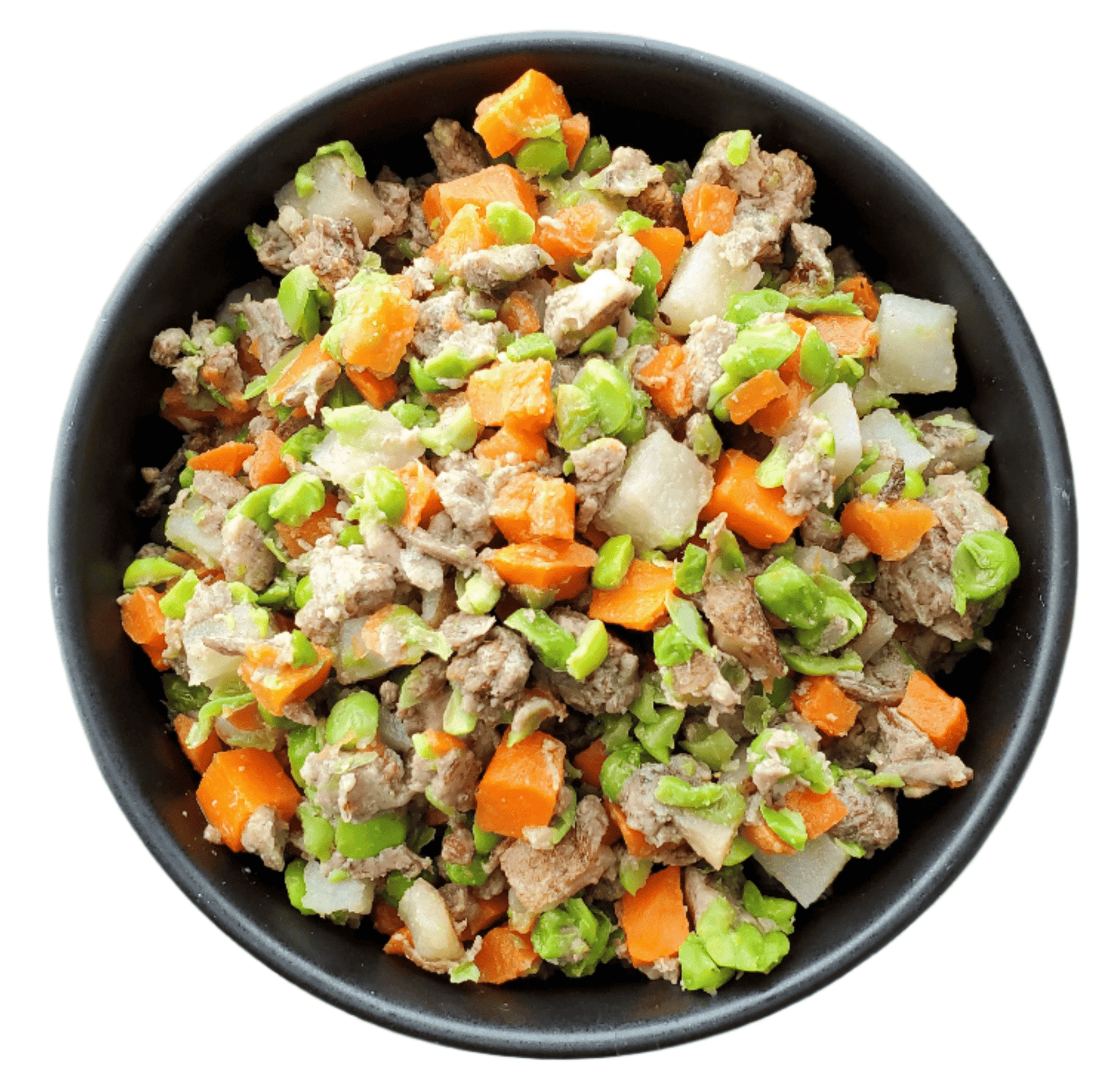 Black bowl filled with a mix of ground meat, carrots, peas, and onions on a white background