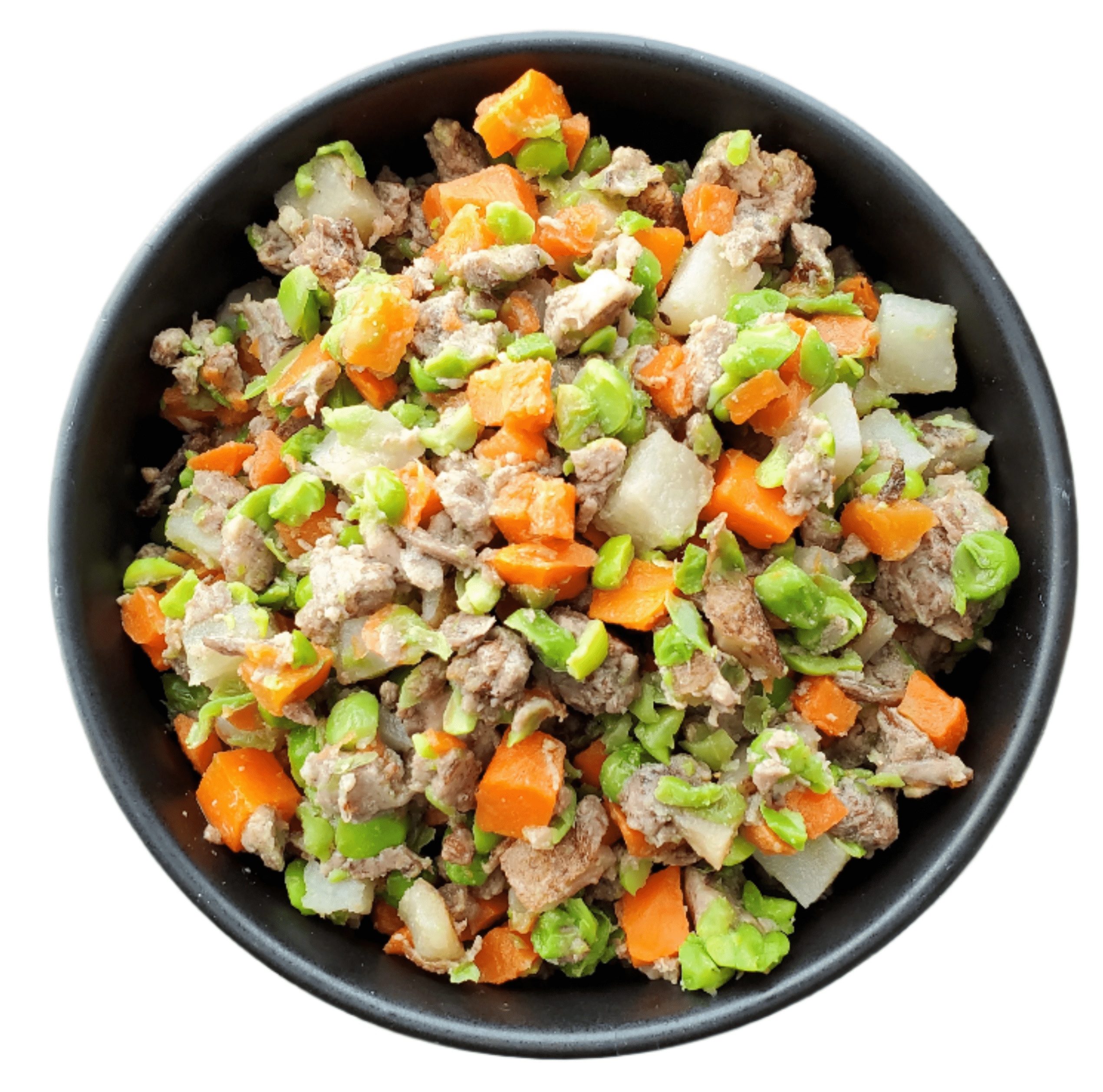 Black bowl filled with a mix of ground meat, carrots, peas, and onions on a white background